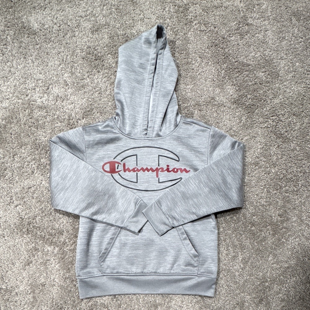 Champion Gray Logo Pullover Hoodie Youth Size 8 Long Sleeve Recycled Polyester